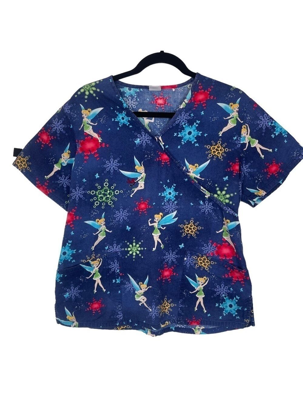Disney Blue Shirt Sleeved Cotton Tinkerbell Pockets Scrub Top